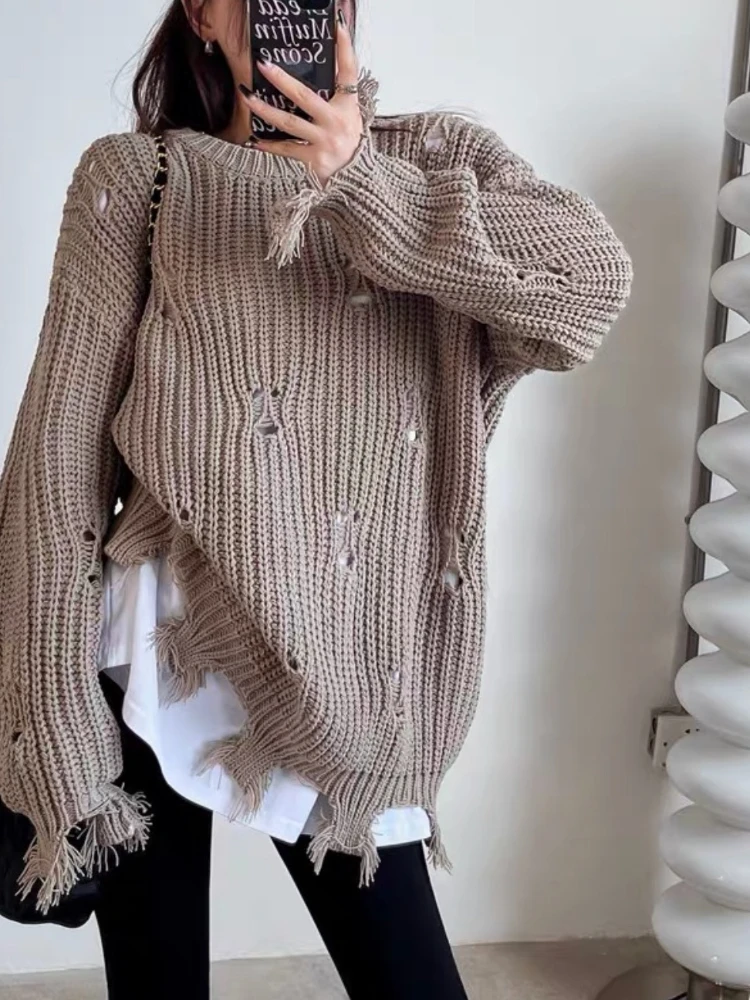 

Women Solid Loose Casual Pullovers Hole Sweater Elegant Fashion Street Wear Irrgeluar Long Sleeves Loose Jumpers Top New 2023