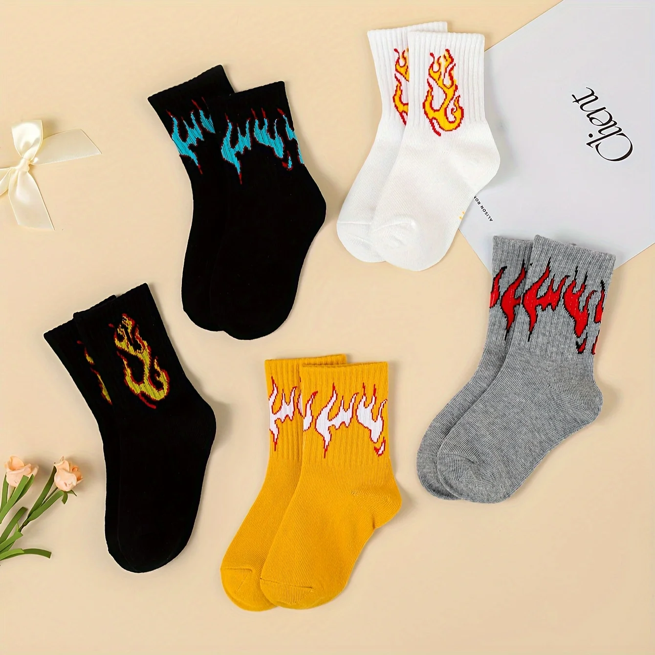 5 pairs of children's spring and autumn season flame jacquard trendy socks, cute socks, tight, comfortable, breathable, suitable 2