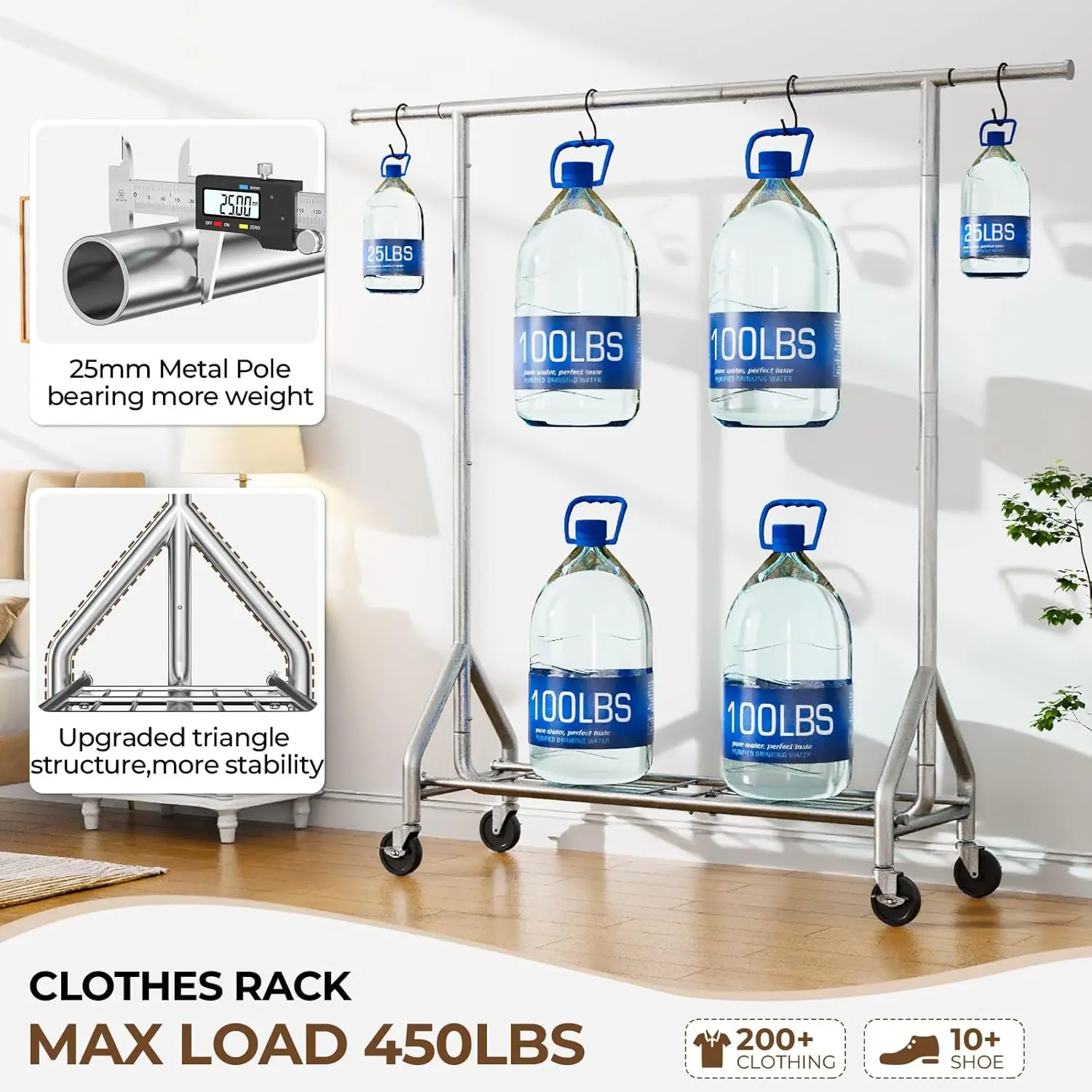 Heavy Duty Clothes Rack Load 450 LBS, Metal Garment Rack, Standing Rolling Clothing Rack for Hanging Clothes with Sturdy