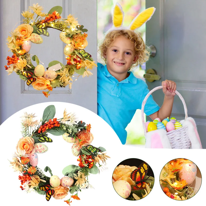 

30/35cm Led Easter Egg Spring Wreath Silk Flower Lovely Rabbit Ear Welcome Sign Holiday Hanging Decoration For Door Wall Decor