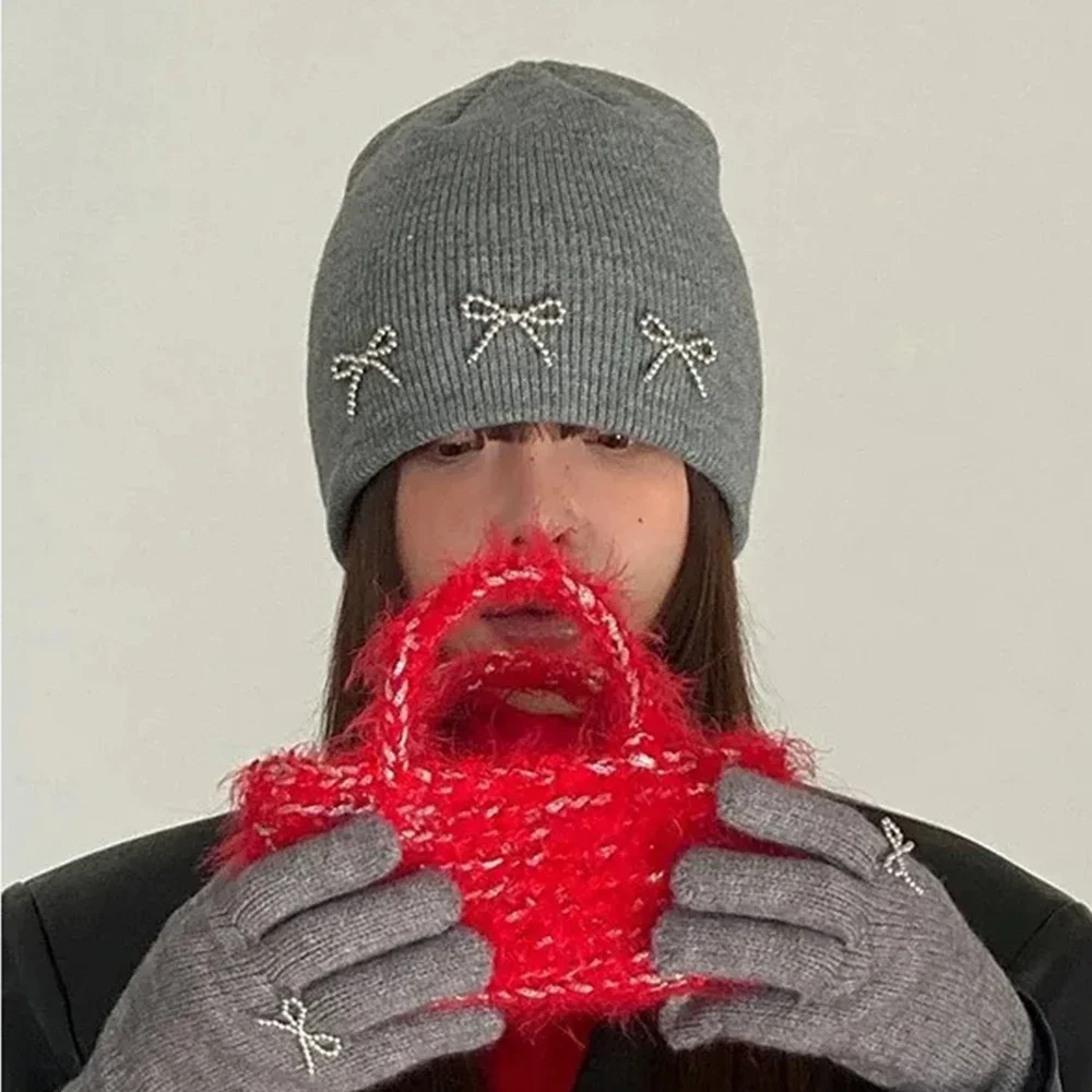 Korea Ins Bowknot Pearl Knitted Hats Angora Rabbit Fur Y2K Winter Hat Women Girls Fluffy Warm Beanies Plush Thick Skullies Caps 6