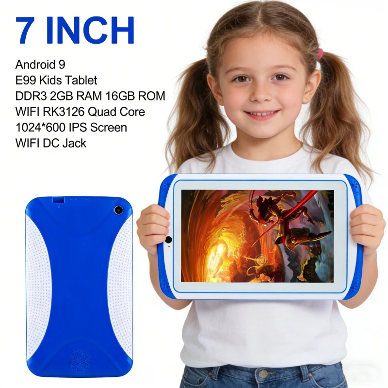 7인치 E99 안드로이드 9 키즈 태블릿 2GB 램 16GB 롬 RK3126 쿼드 코어 1024*600 IPS 와이파이 DC 잭 어린이용 휴대용 학습 태블릿