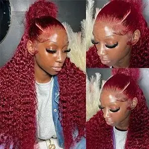 32 Inch 250% Density 99J Burgundy Deep Wave 13x4 HD Lace Frontal Human Hair Wigs Preplucked 99J Lace Front Wig for Women