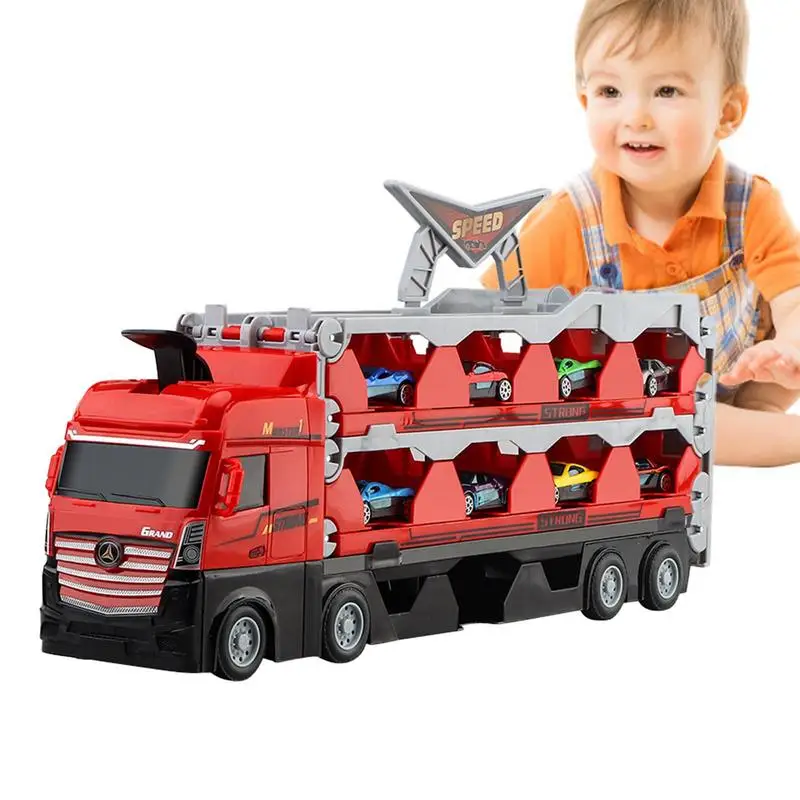 

Speedway Hauler Storage Carrier Metal Toy Cars Hauler Transport Truck With 2 Launchers Foldable Toy Car Track Racing Car