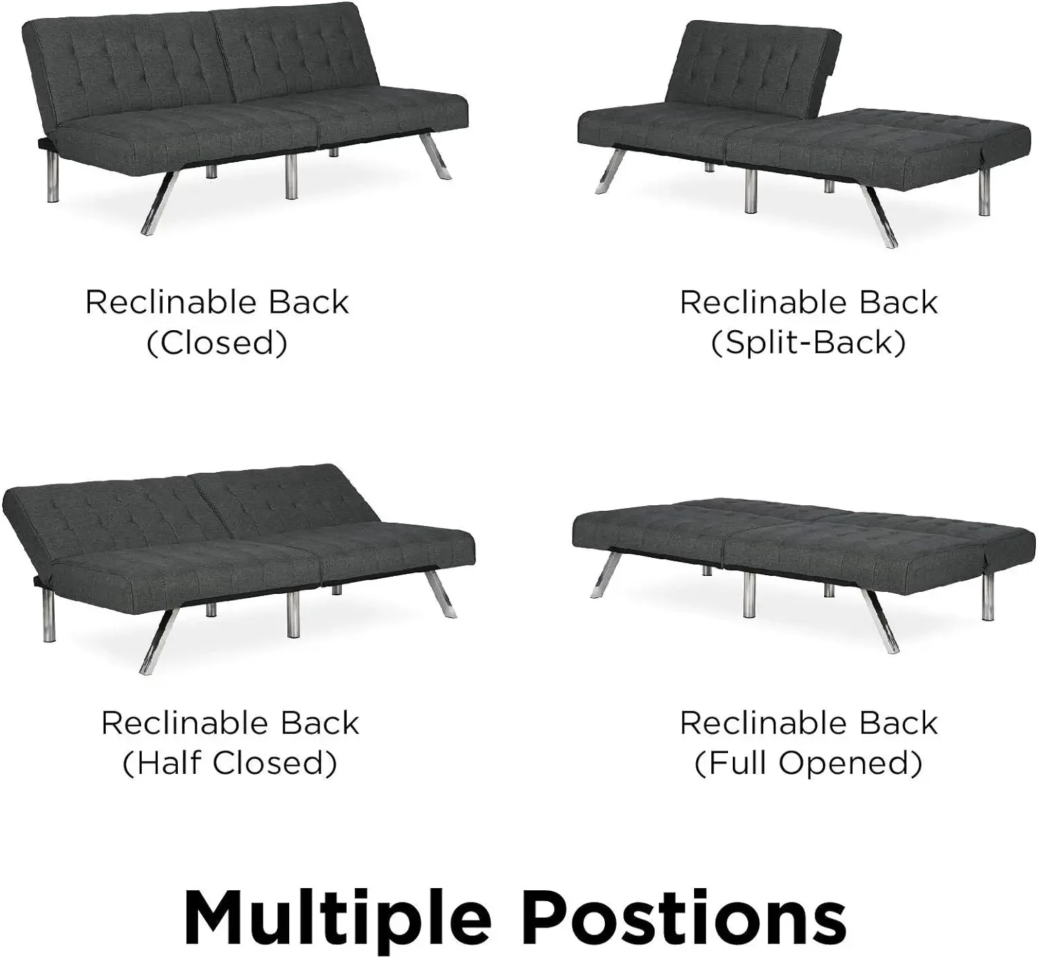 Futon With Chrome Legs Grey Linen sofa set living room furniture Split back design provides multiple positions including