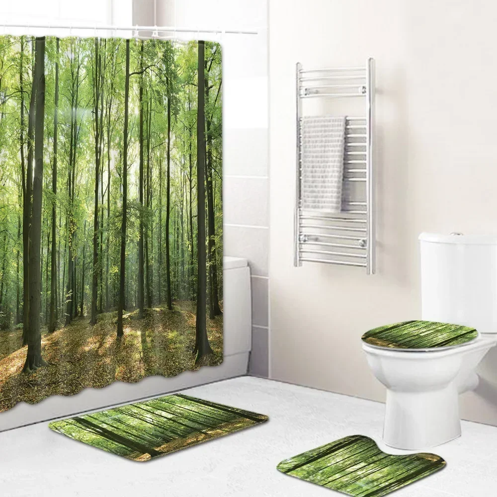 Home Waterproof Print Shower Curtain 4 Piece Carpet Cover Toilet Cover Bath Mat Pad Set Bathroom Curtain Bathroom Decoration 5