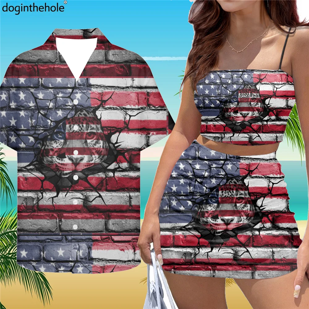 

2023 New Couple Clothes American Lion 3D Crack Print Sexy Halter Top Mini Skirts Men's Shirts Set Club Party Sexy Couple Outfit