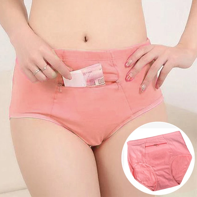 Women Zipper Panties Female Large Size With Pocket Underpants Cotton  Underwear Pocket Breathable High Waist Ladies Briefs - AliExpress