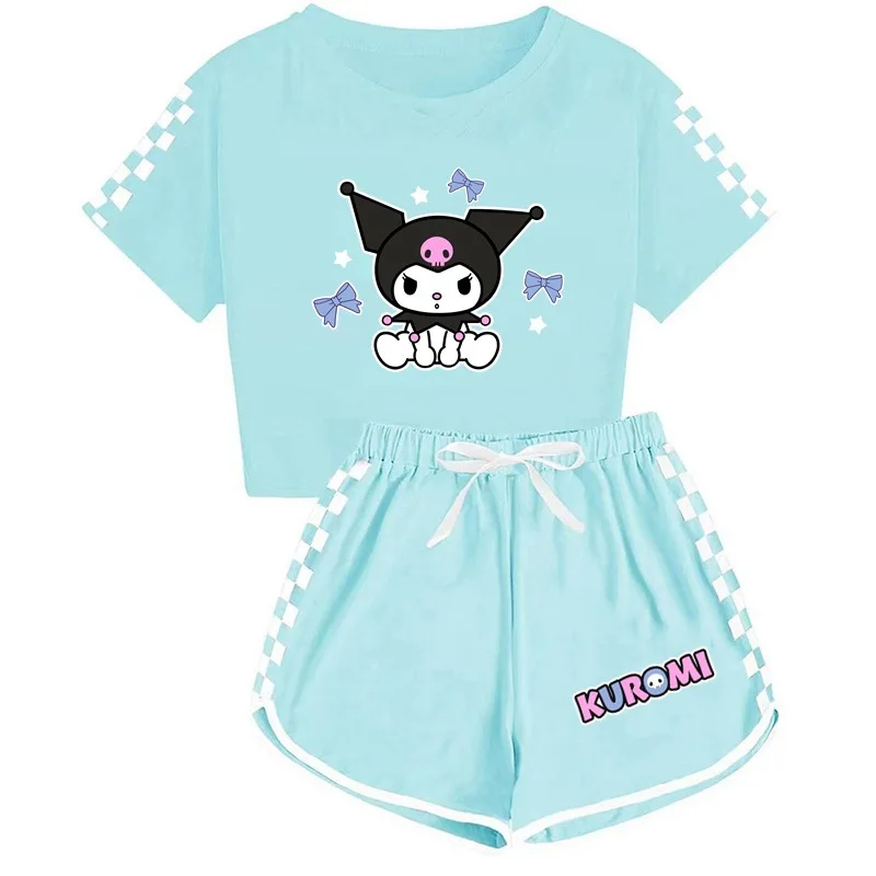 Sanrio Cartoon Shirts and Shorts Set Cinnamoroll Kuromi Soft Pajamas Short Sleeve Set Gym Suit Summer Sport Clothes Girls Gift