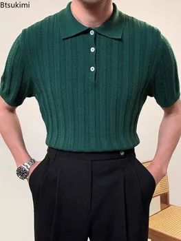 Nuove Polo Casual da Uomo 2026 in Tinta Unita, Tessuto Testurizzato, Slim Fit, Manica Corta, Colletto Polo, Stile Vintage