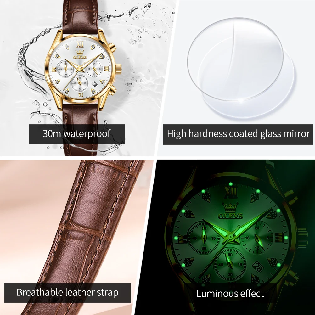 OLEVS Quartz Watch for Women Fashion Leather Strap Waterproof Luminous Auto Date Fashion Elegant Ladies Wristwatches Reloj Mujer