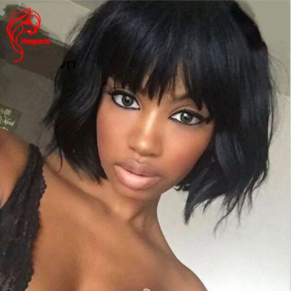 

Hesperis Wear And Go Wig Brazilian Remy Short Bob Cut Human Hair Wig With Bangs Natural Wave Full Machine Made Wigs For Women