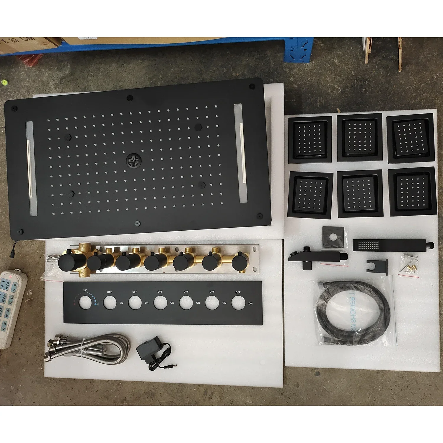Luxury Remote LED 28*15 Inch Shower Head Set Constant Temperature Valve Mixer Diverter SPA Massage 6 Pcs 4 Inch Lateral Jet 3