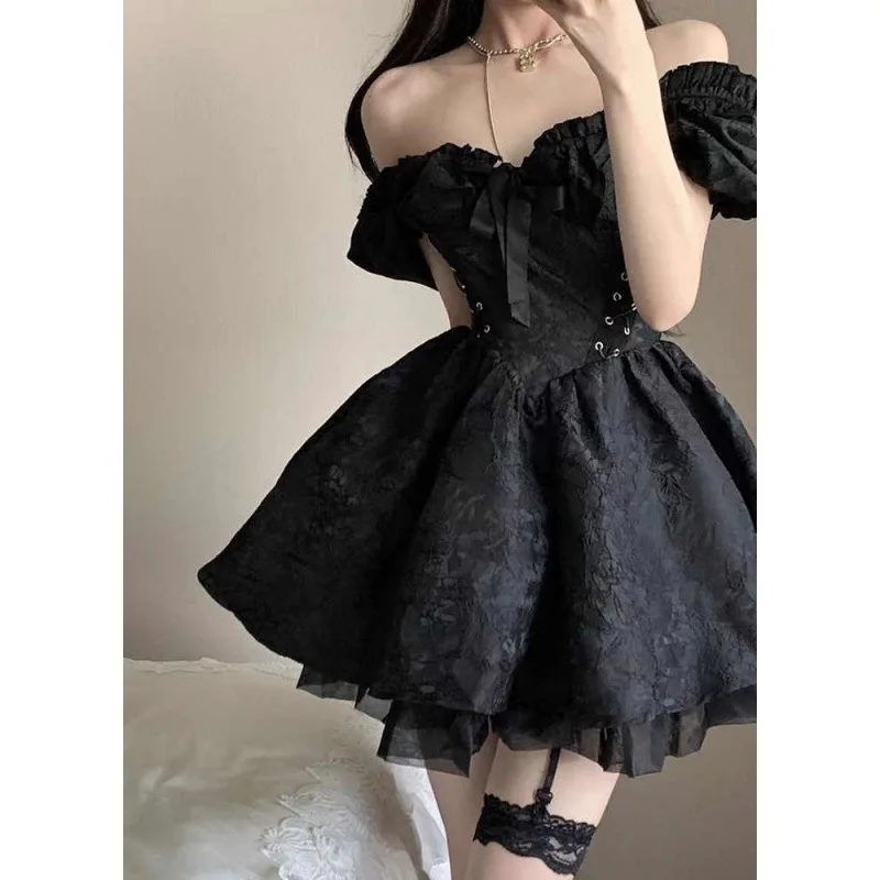

Japan Vintage Gothic Lolita Dress Women Black Square Puff Sleeve Jacquard Design Party Dresses Female A-line Cute Bow Mini Dress