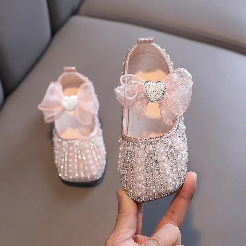 Little Girl Party Dance Shoes Autumn Kids Bling Princess Shoes New Children's Bow Rhinestone Performance Shoes Sliver H262
