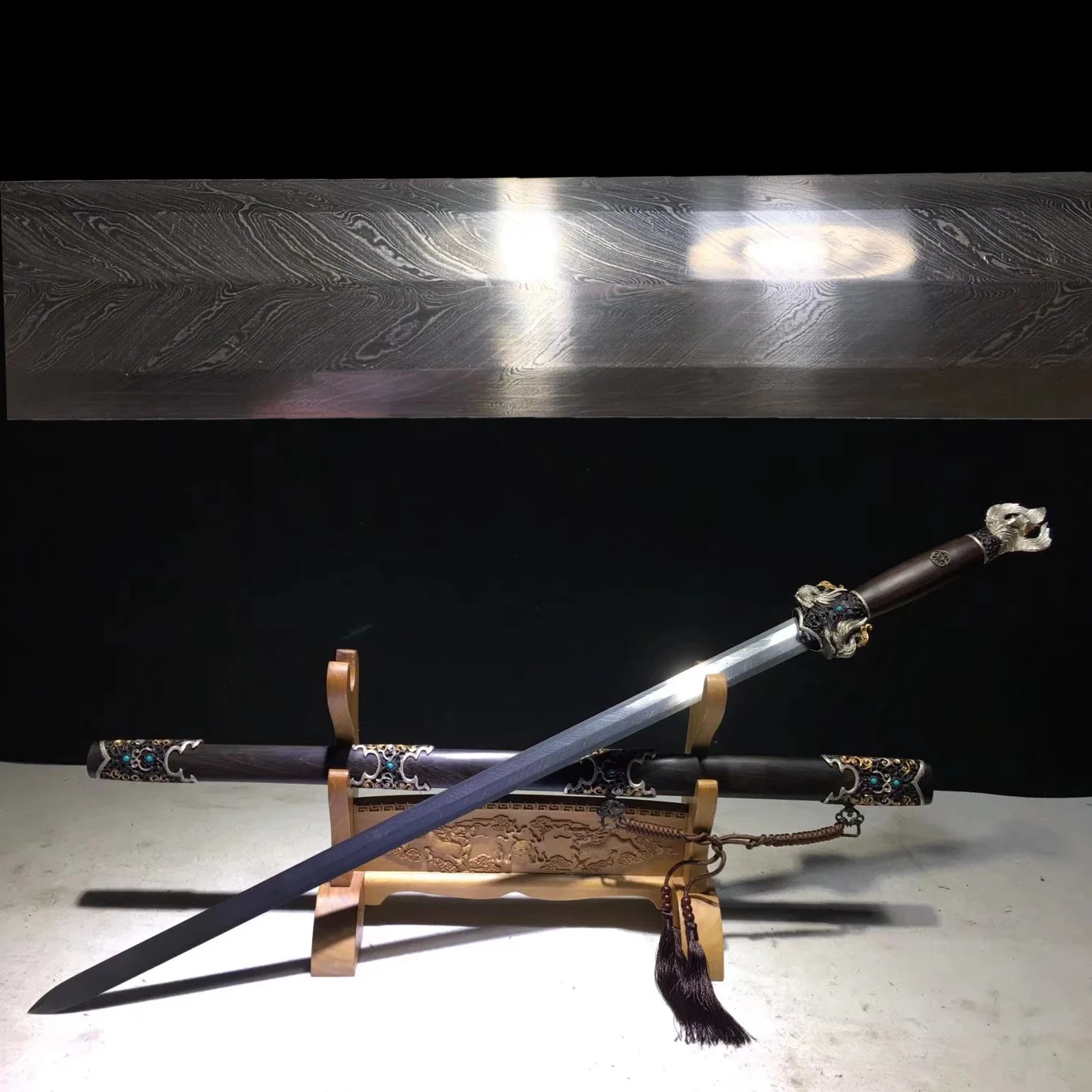 

90 cm medieval Damascus steel Hand-forged gifts Peacock feather tattoo King Yue sword Get ready for battle Weapon katana