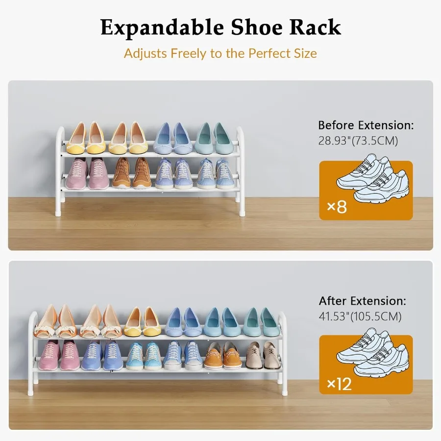 Shoe Rack 2 Tier41.53'' Adjustable Metal Shoe Organizer for Closet Bedroom Entryway Holds Up to 12 Pairs Shoes Expandable White