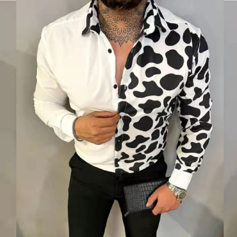 New Fashion Mens Shirt Vintage Pattern Printing Patchwork Shirts Long Sleeve Casual Shirt Men Turn-down Collar Button-up Tops mens short sleeve dress shirts Shirts