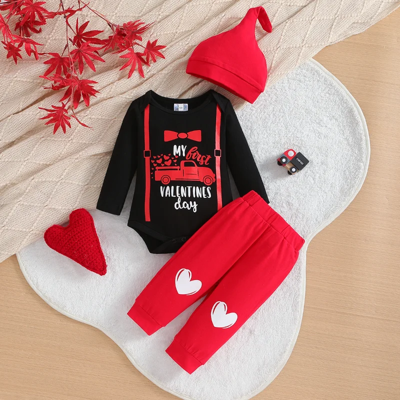 

0-2Y Newborn Baby Boys Valentine’s Day Outfits Long Sleeve Print Romper+Pants With Hat Toddler Kids Infant Clothes 2Pcs Set