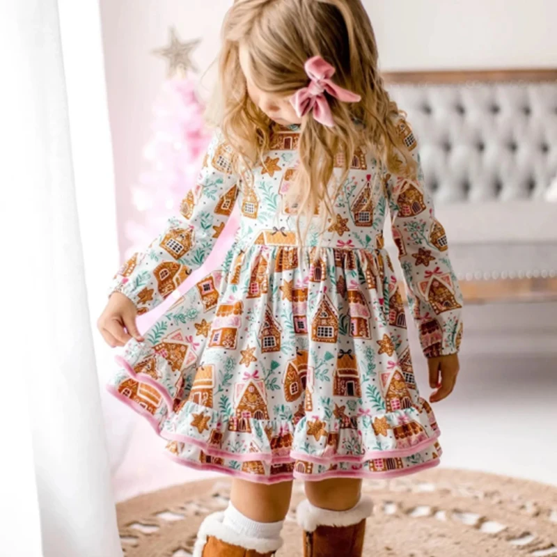 

3-7Y Kids Baby Girl Christmas Dress Cartoon Cake Print Long Sleeve Round Neck A-Line Layered Dress for Toddler Girls