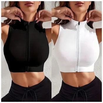 Women's 2-piece Set Close-fitting Breathable Sexy Yoga Zipper Exercise Fitness Vest Top 1