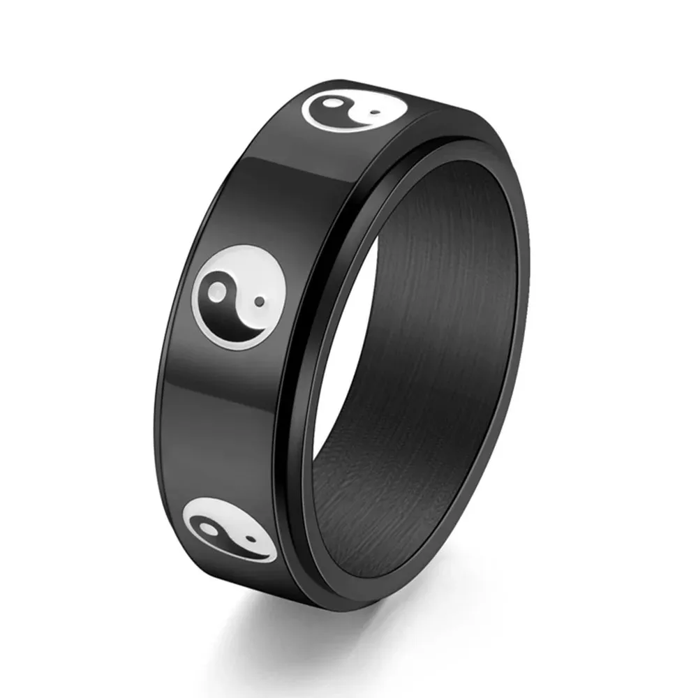 Titanium steel black and white Yin Yang Bagua rotatable ring personalized men's Tai Chi symbol rings 4