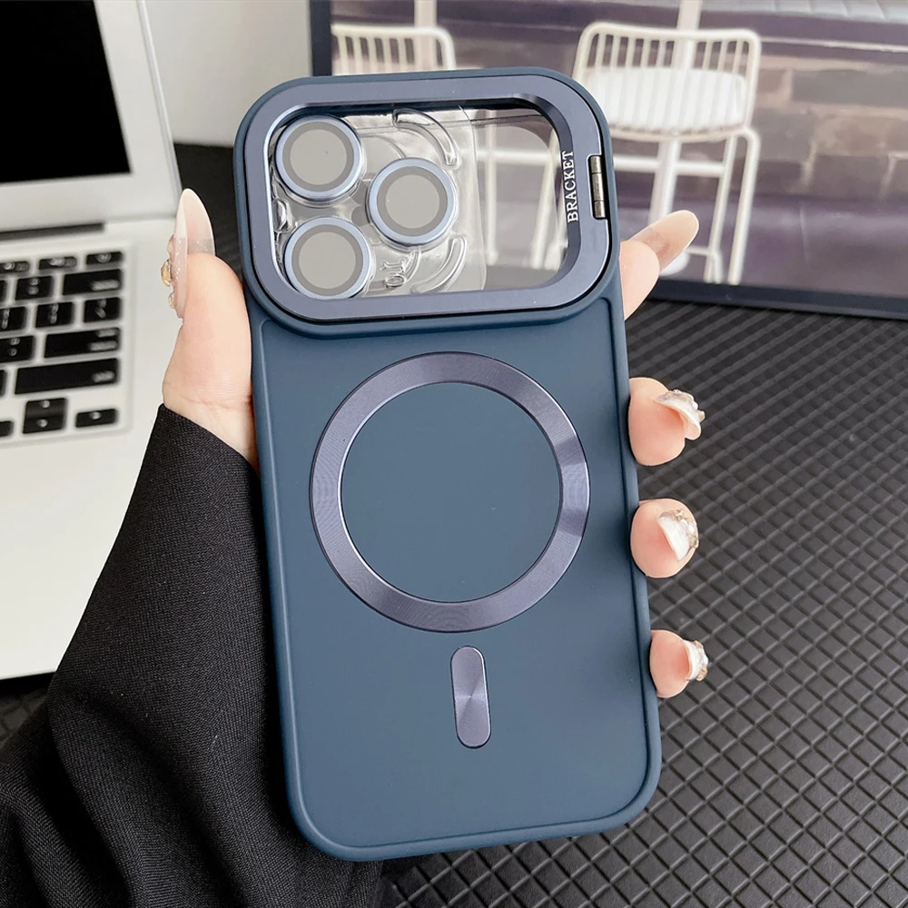 Luxury Frosted Magnetic Phone Case with Lens Film and Stand Feature