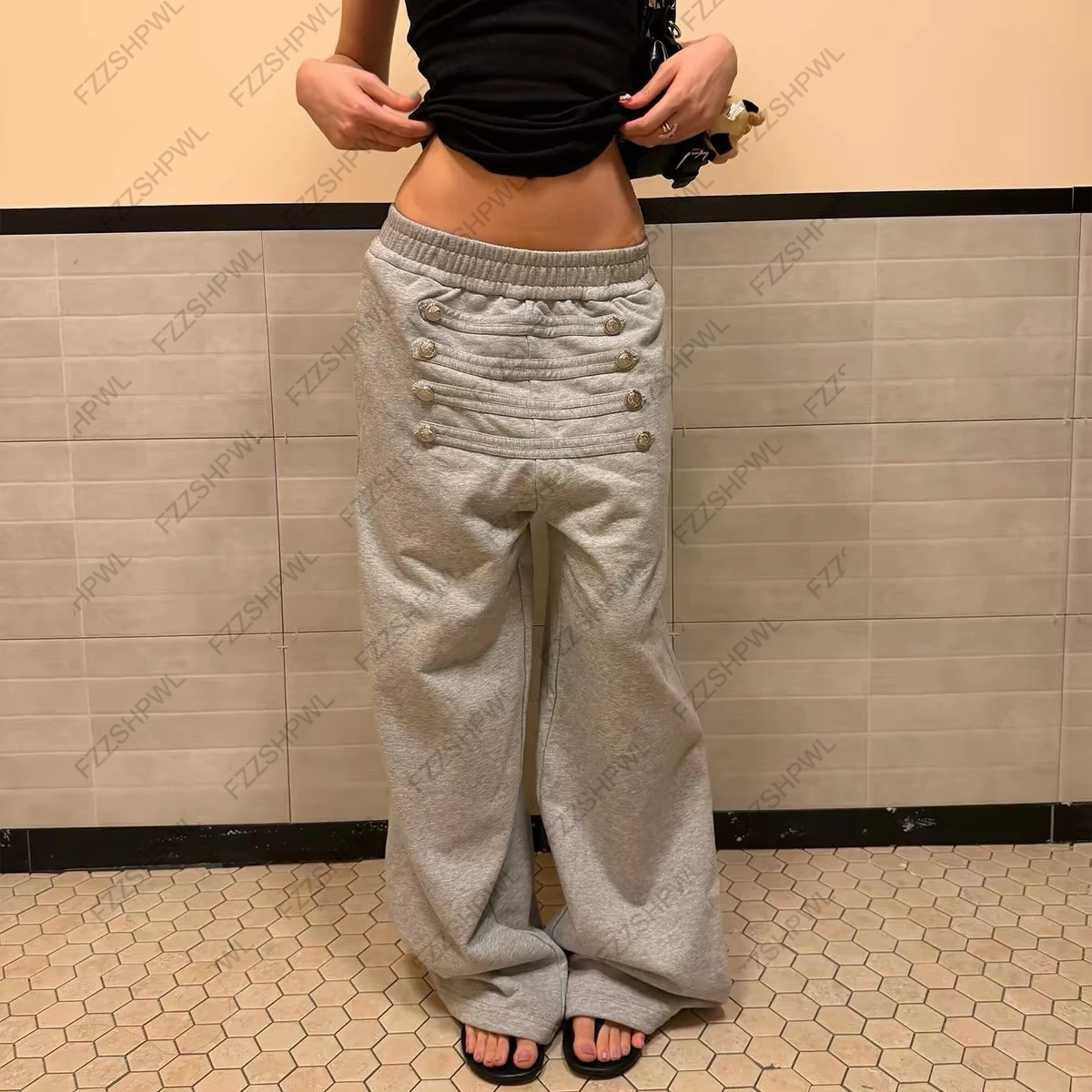 Women Y2K Button Wide Leg Sweatpants Elastic High Waist Loose Casual Trousers Streetwear Hip Hop Track Pants Alt Aesthetic Pants