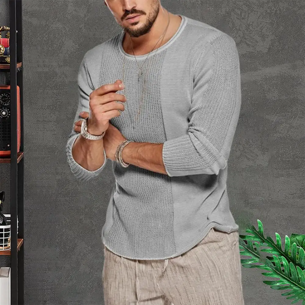 

Male Long Sleeve Pullover Tops Stylish Men's Knitted Sweaters Solid Color O-neck Long Sleeve Hollow Out Stitching for Autumn