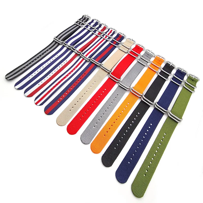 Premium Nato Nylon Canvas Watch Strap - Blue, Green, and Black with 5 Ring Buckle