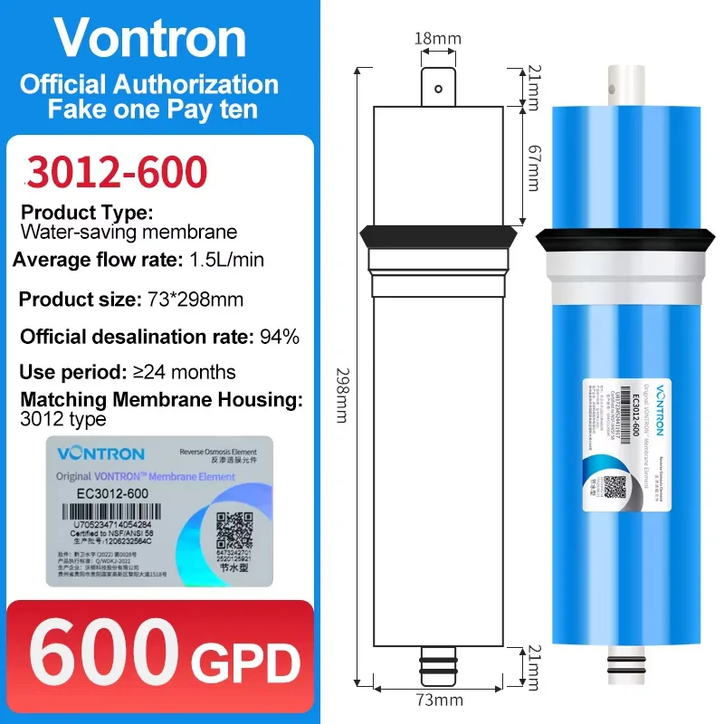 Vontron 600 GPD RO Membrane 3012-600 GPD for Under Sink Home Drinking RO Water Purifier System for Household water filter