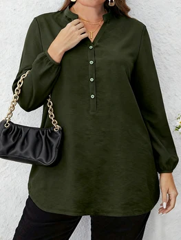 Plus Size Women's Solid Color V Neck Buttoned Long Sleeve Tunic Top Casual Slimming Daily Shirt
