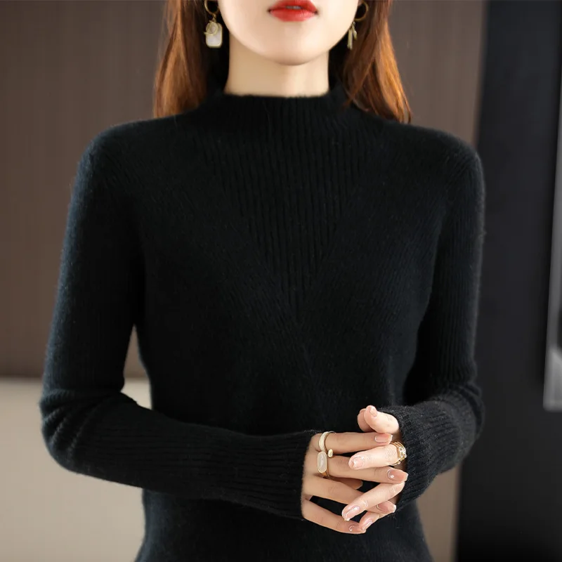 Cashmere Sweater Women Pure Color Half high collar Casual Long-sleeved Loose Pullover Cashmere Sweater Women\'s