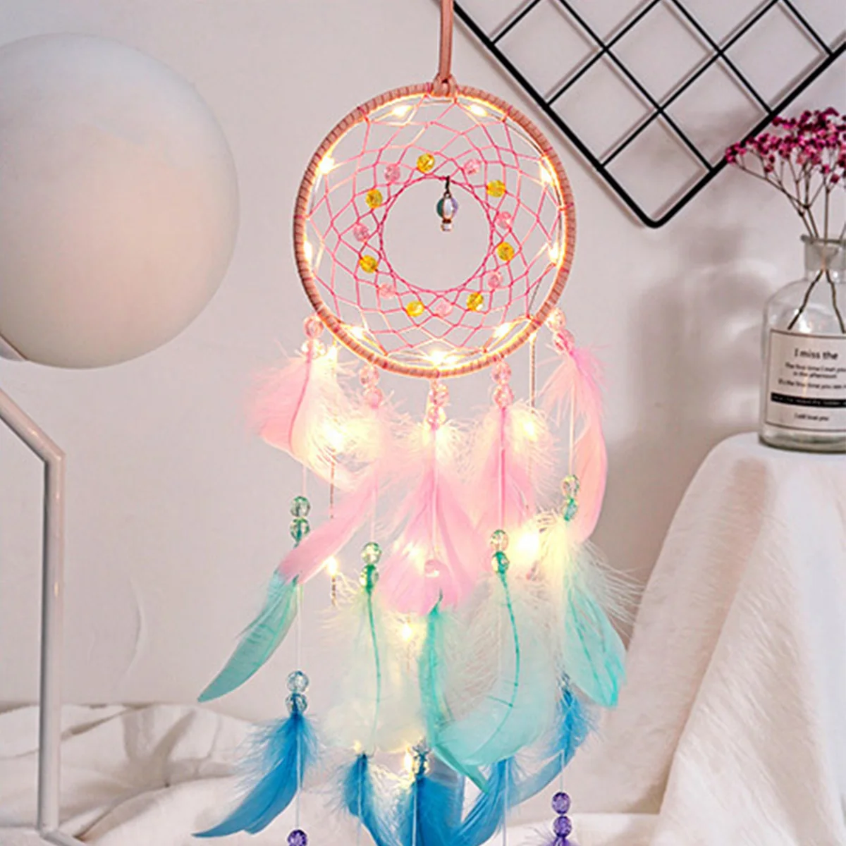 Dreamcatcher Wall Hangings Crescent Moon Dream Catcher Wall Hanging - Green Feather With Crystal Stone & Tree Of Life Dreamcatchers For Bedroom
