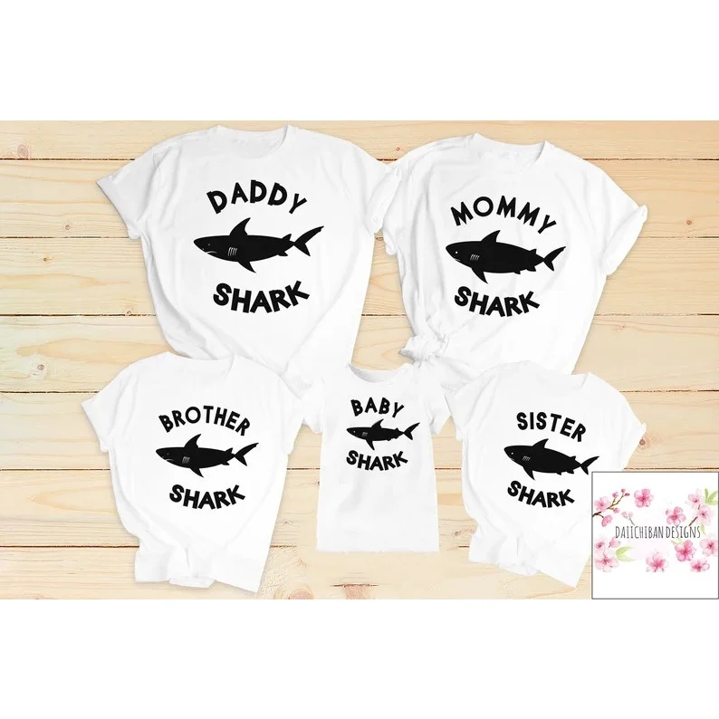 

Funny Shark Theme Birthday Baby T Shirt Family Matching Tshirts Set White Family Outfits Birthday Bor Girl Gift Party Clothes