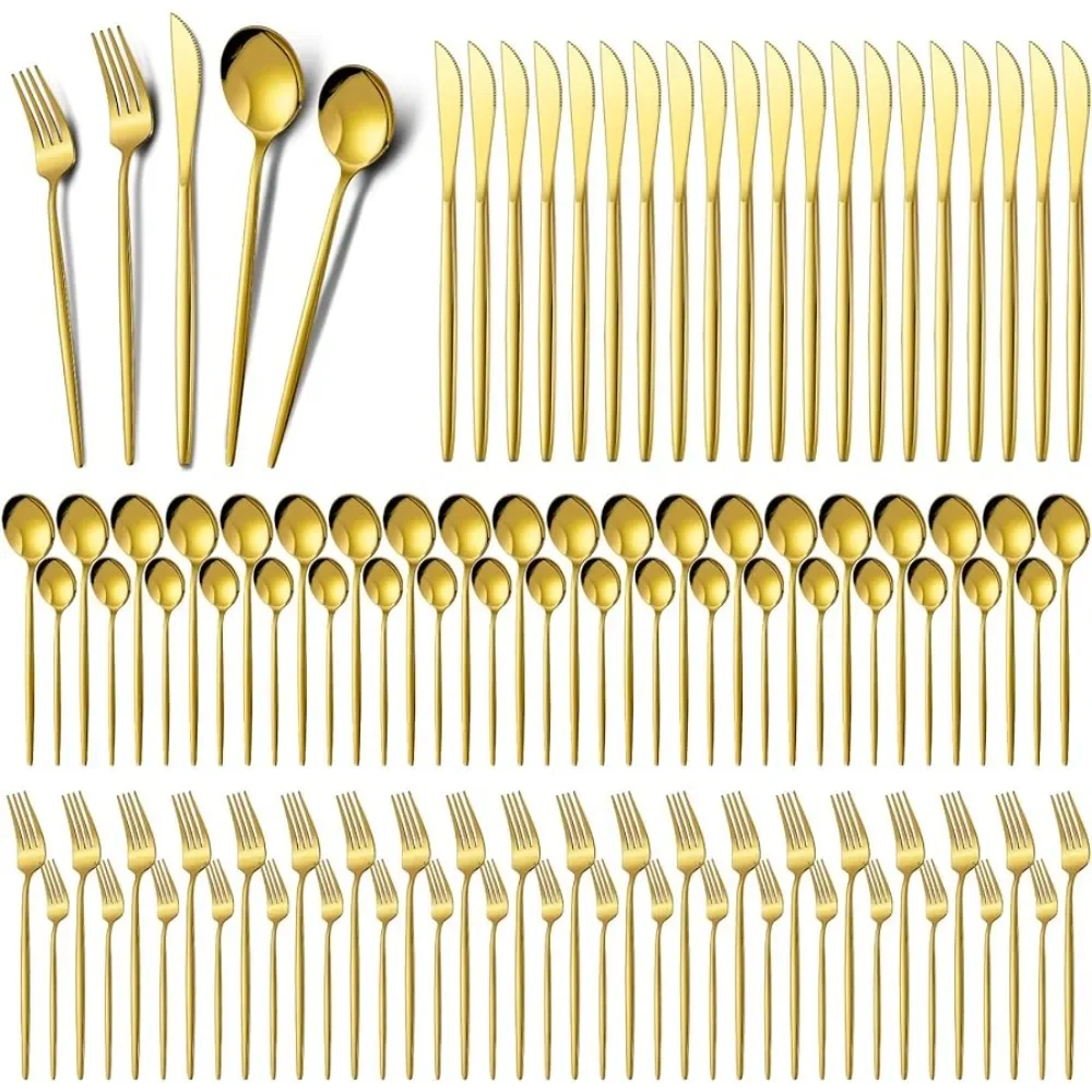 Service for 40 Cutlery Tableware Set Stainless Steel Spoons and Forks Set Spoon Gold Dinnerware Kitchen Dining Bar