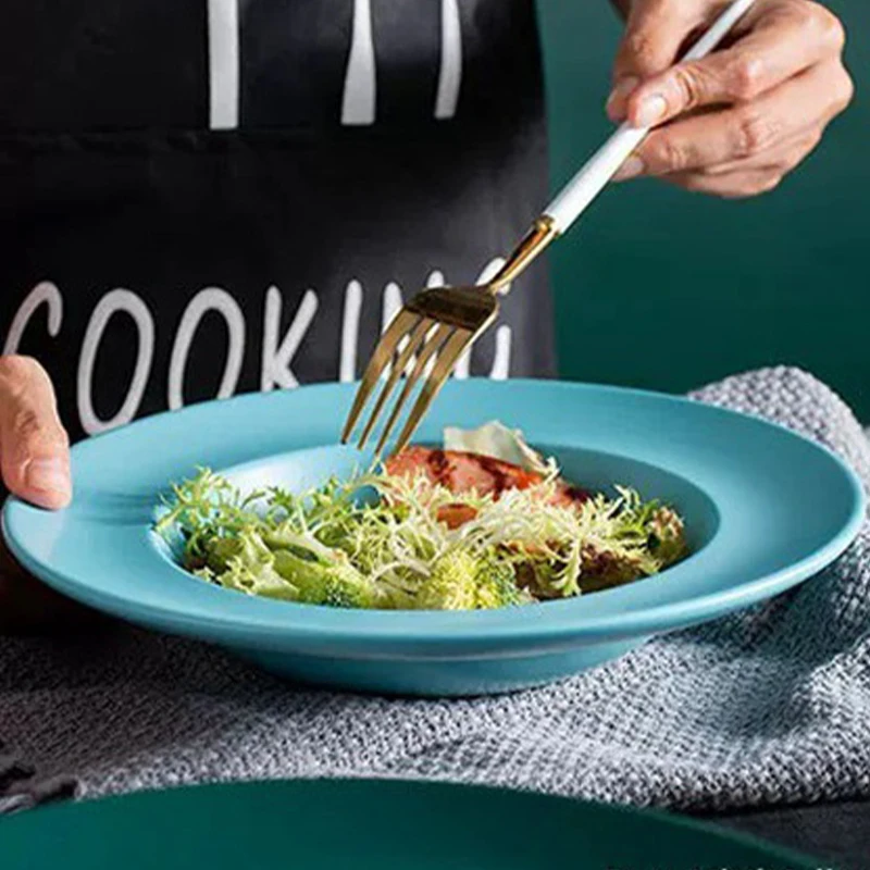 

Modern Simple High Temperature Color Glazed Ceramic Soup Plate Household 9 "Straw Hat Bowl Underglaze Color Macaron Salad Bowl