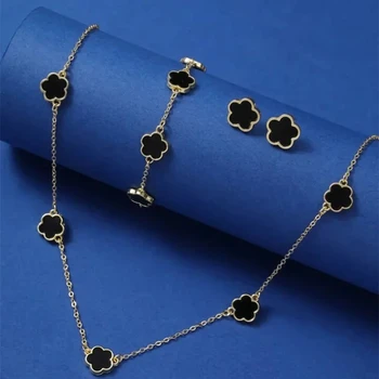 Lucky Flower & Clover 3-Piece Jewelry Set – Bracelet, Earrings & Necklace