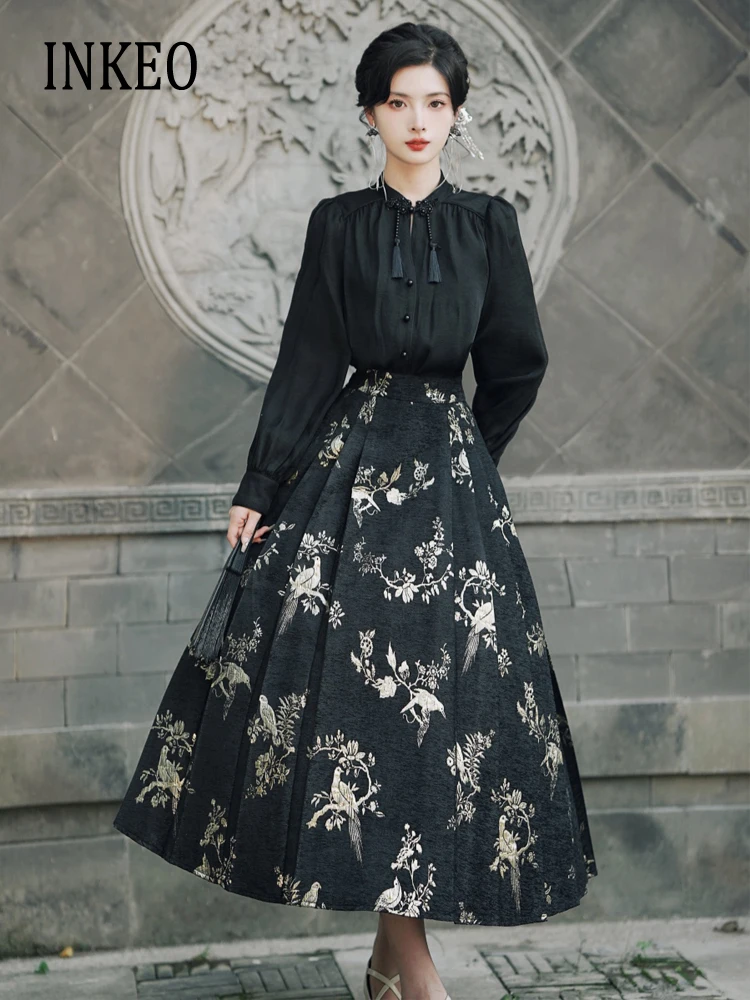 

Женский винтажный комплект из 2 предметов, рубашка с жемчужинами и плиссированная юбка с высокой талией, костюм с принтом в китайском стиле, весна-лето 2024, 3T215