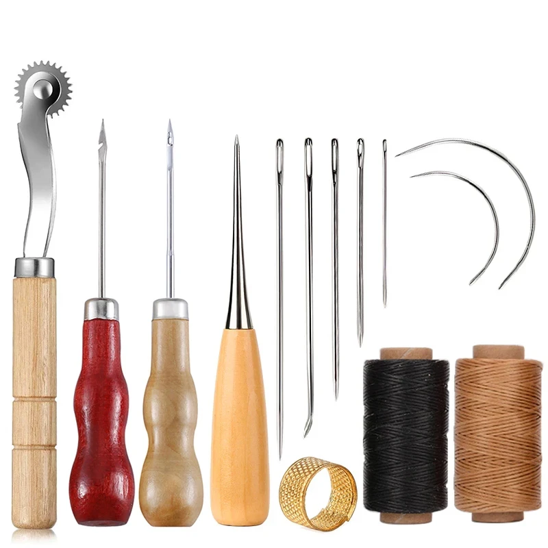 Leather Craft Sewing Kit Waxed Thread Wooden Handle Hand Sewing Needles for Beginner Leather Repair Stitching Tool 14PCS