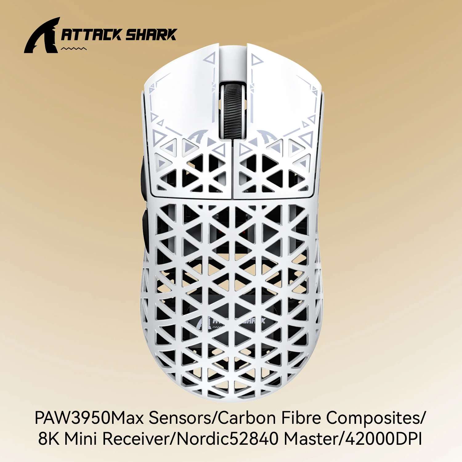 עכבר משחק אלחוטי ATTACK SHARK R5 ULTRA - 8K Polling, חיישן PAW3950MAX, 42000 DPI, סיבי פחמן קלים במיוחד עבור Pro Esport