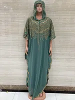 Women's Clothing Fashion Classic African Dashiki Abaya Chiffon Fabrics Sequin Batwing Loose Muslim Hooded Dress Free Size 6