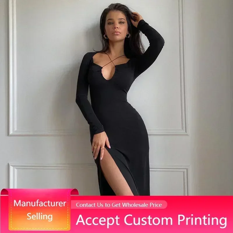 2023 Autumn Winter Women Crossed Cleavage Maxi Dress Concise Side Spilt Elegant Vestido Lady High Street Bodycon Slim Robe Skirt