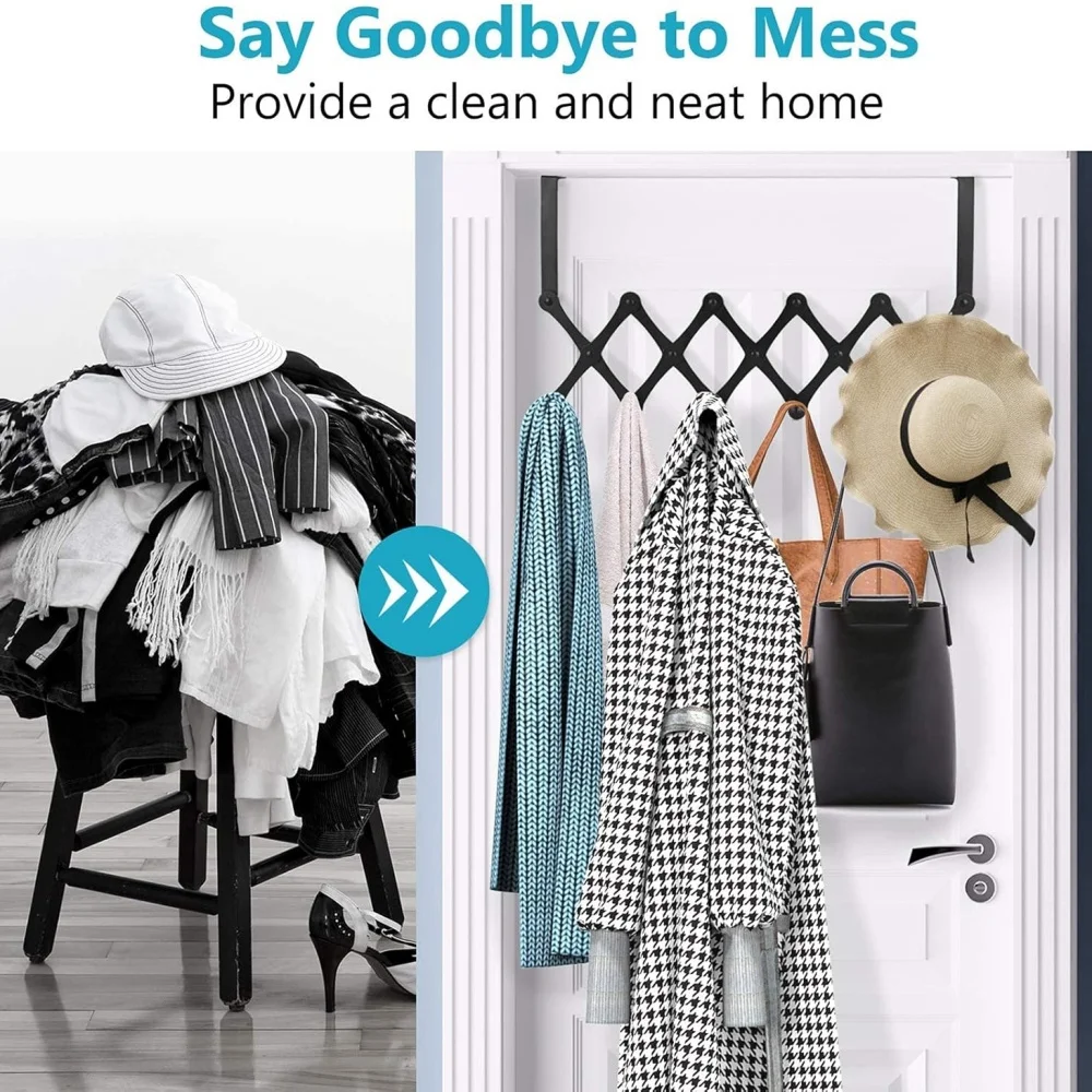 Accordion Wall Hanger with 4/6 Hooks, Wooden Wall Expandable Coat Rack for Coat, Hats, Baseball Caps, Coffee Mug(Black)
