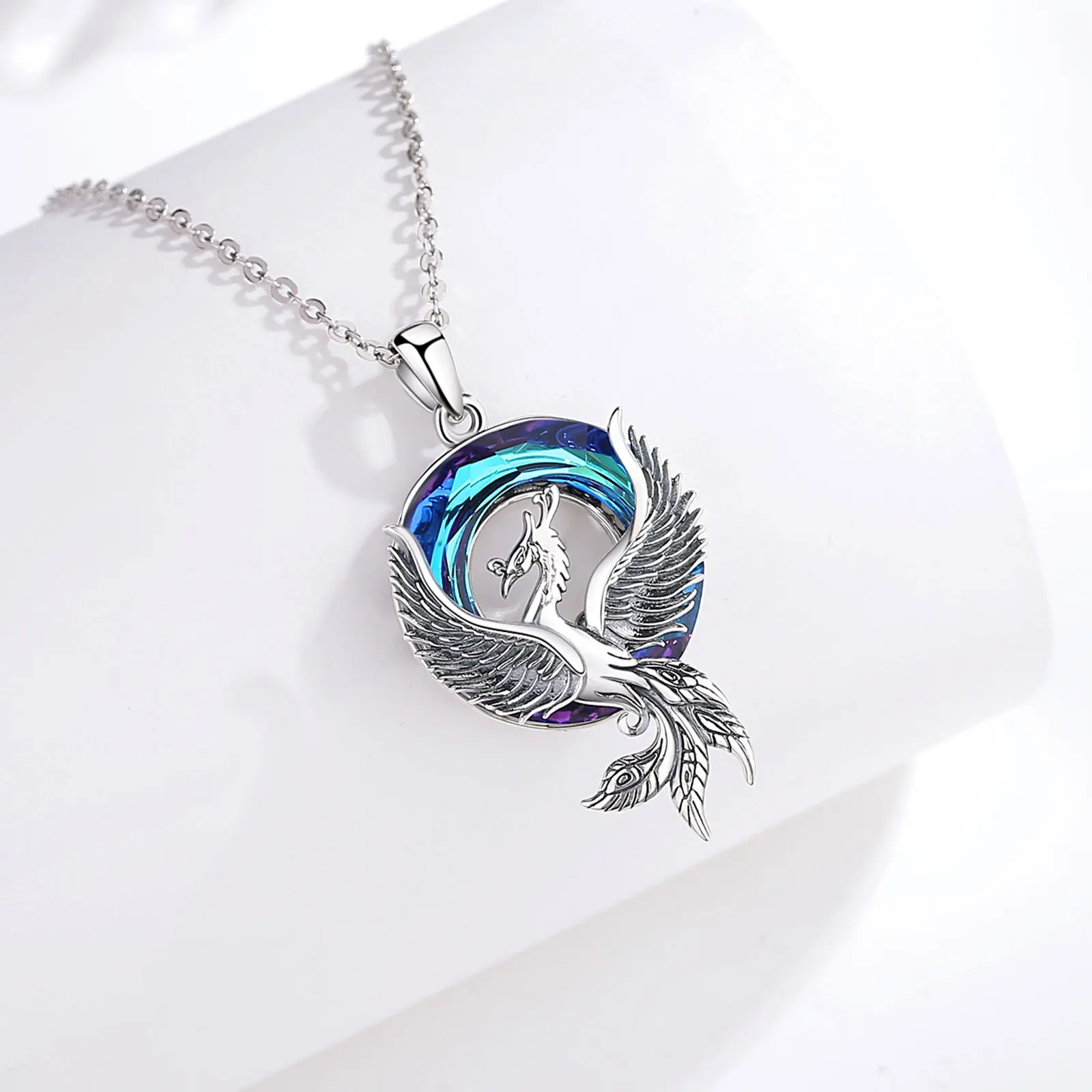 Eudora Real 925 Sterling Silver Dragon Phoenix Neckalce for Women Luxury Austrian Crystal Dragon Phoenix Pendant Trendy Jewelry