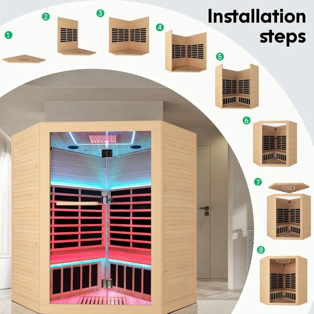 Far Infrared Home Sauna Room, Red Light Wooden Indoor Dry Sauna, Indoor Corner Sauna Spa with Full Spectrum Heater, Floor Heater 4