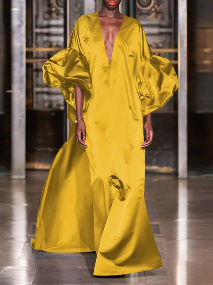 

VONDA Elegant Women Satin Dress 2024 Summer Half Lantern Sleeve Solid Evening Sundress Casual V-Neck Bohemian Party Maxi Robe
