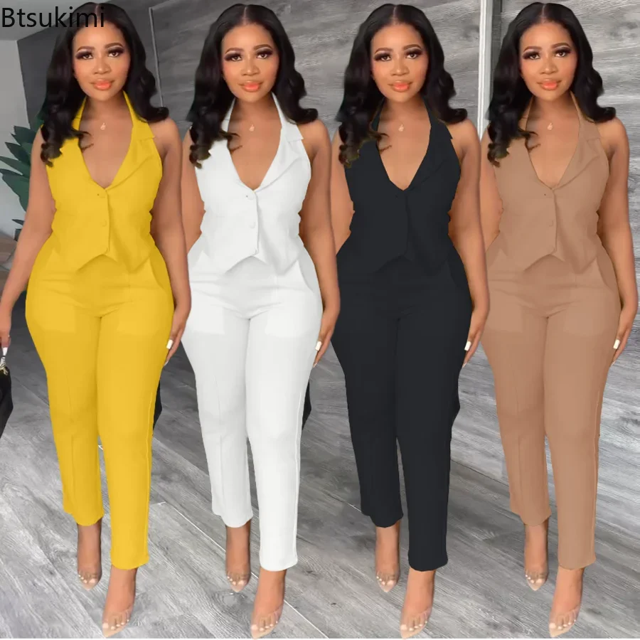 2024 Women's Casual Two Pieces Sets Solid Blazer Vest and Pants 2PCS Sleeveless Office Lady Tracksuit Sets Fitness Outfits Women