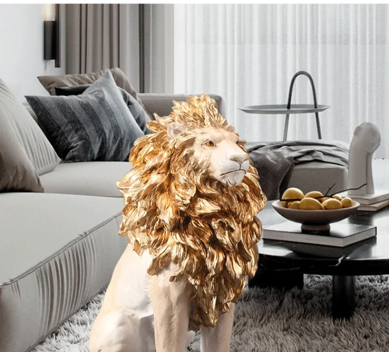 Luxurious Golden Lion Large Floor Sculpture Ornaments, Living Room TV Cabinet Creative Art Decorations, Home Furniture Gifts