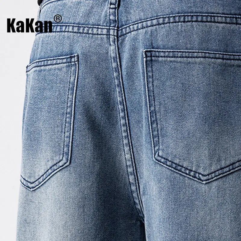 Kakan - Washed Loose Distressed Jeans Men's Wear, Versatile Style Straight Leg Wide Leg Casual Blue Long Jeans K24-JD192